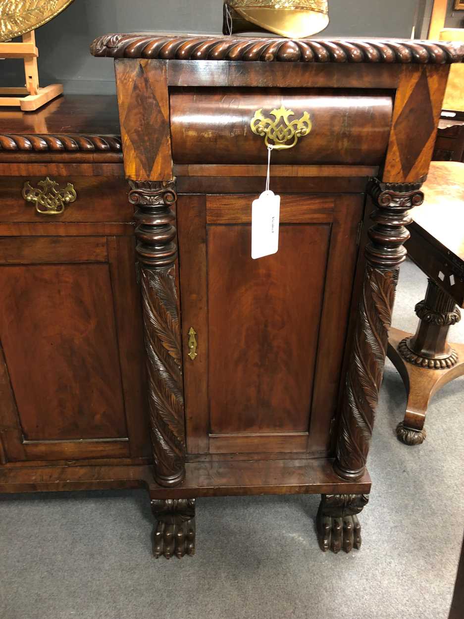 A Georgian Neo-classical mahogany carved sideboard attributed to Duncan Phyfe, New York circa 1820, - Image 2 of 9