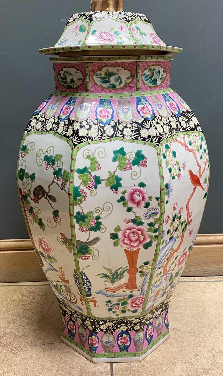 A large pair of Chinese porcelain famille rose octagonal vases and covers, - Image 4 of 26