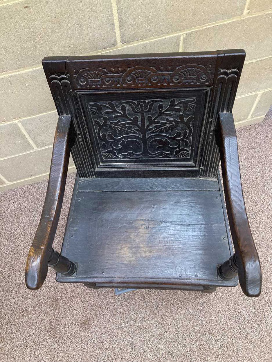 A joined oak caqueteuse type open armchair, 17th century, - Image 3 of 47