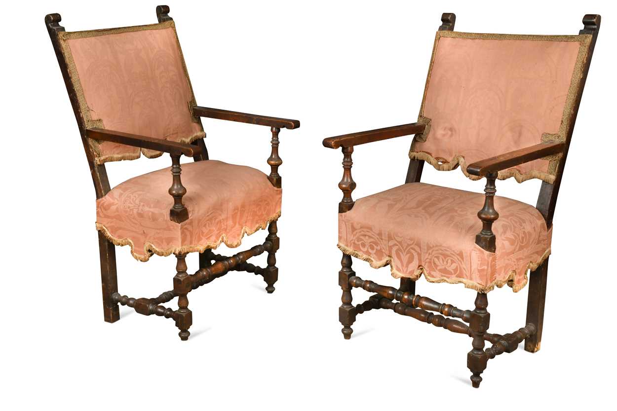 A pair of Italian walnut open armchairs, 18th/ 19th century,