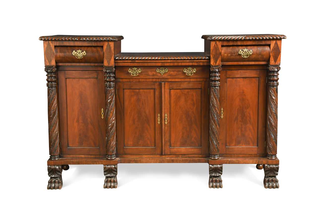 A Georgian Neo-classical mahogany carved sideboard attributed to Duncan Phyfe, New York circa 1820,