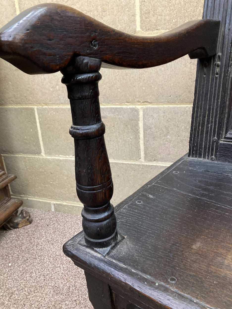 A joined oak caqueteuse type open armchair, 17th century, - Image 20 of 47