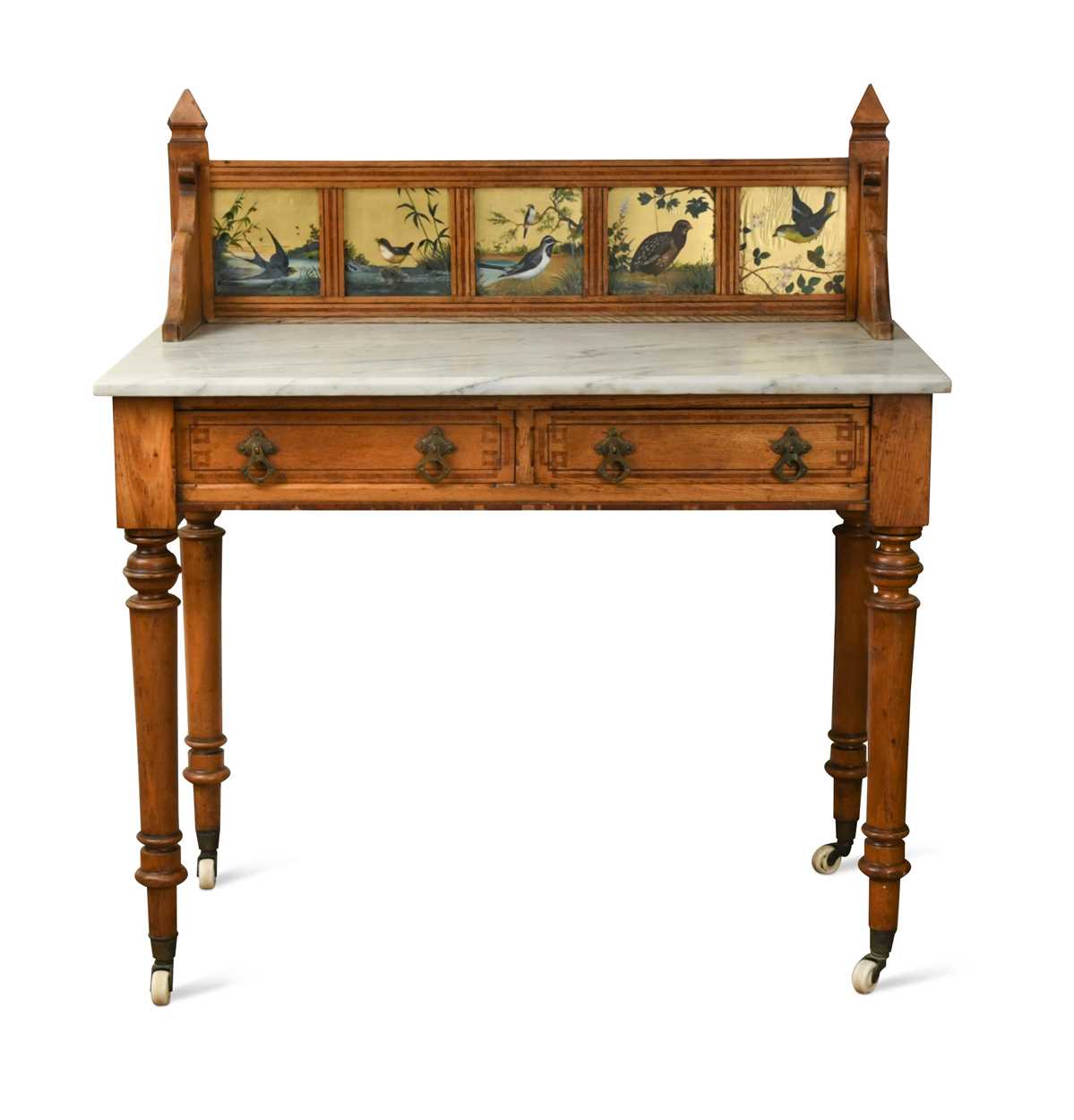 A Victorian pitch pine marble top washstand,