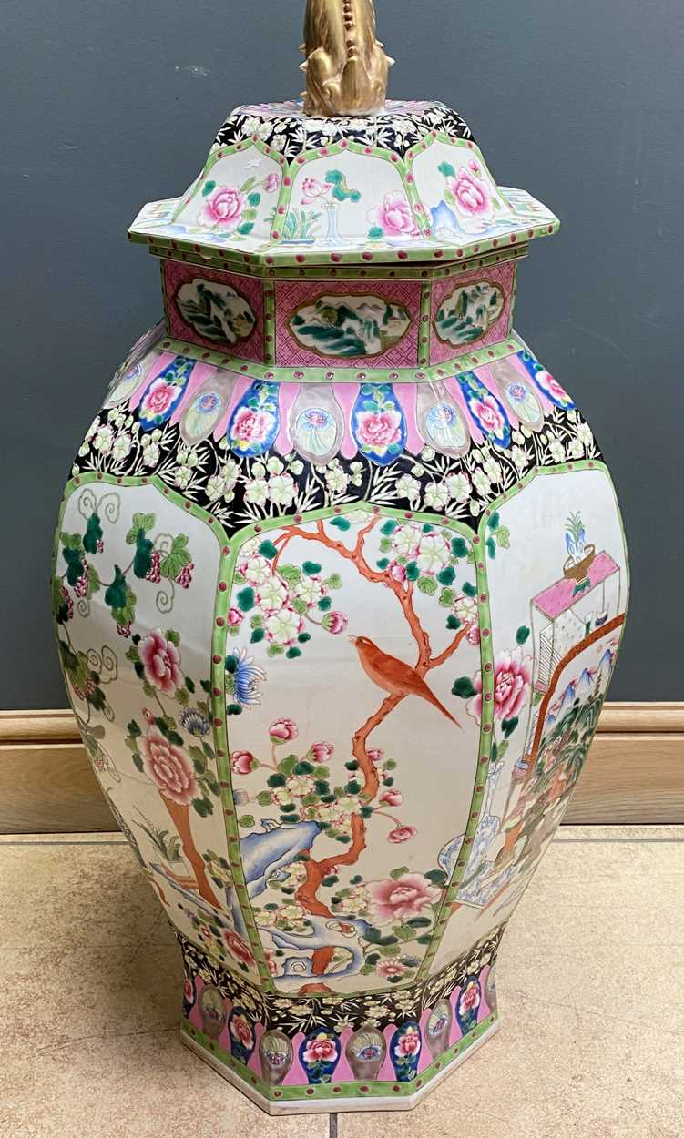 A large pair of Chinese porcelain famille rose octagonal vases and covers, - Image 7 of 26