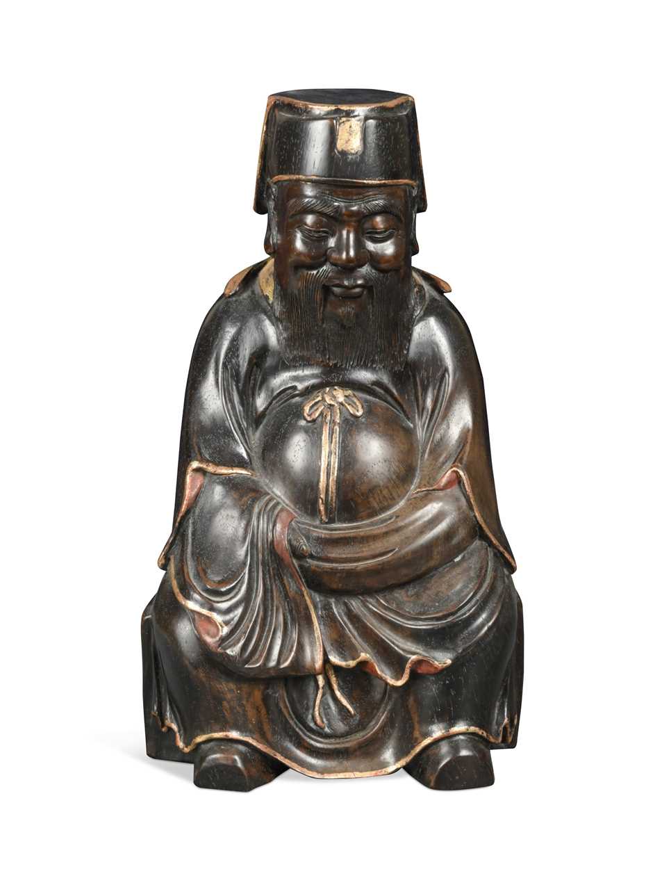 A Chinese carved zitan-type wood and parcel gilt seated figure of an official, 20th century,