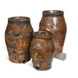 Three brown salt glazed stoneware Whiskey spirit barrels, 19th century,