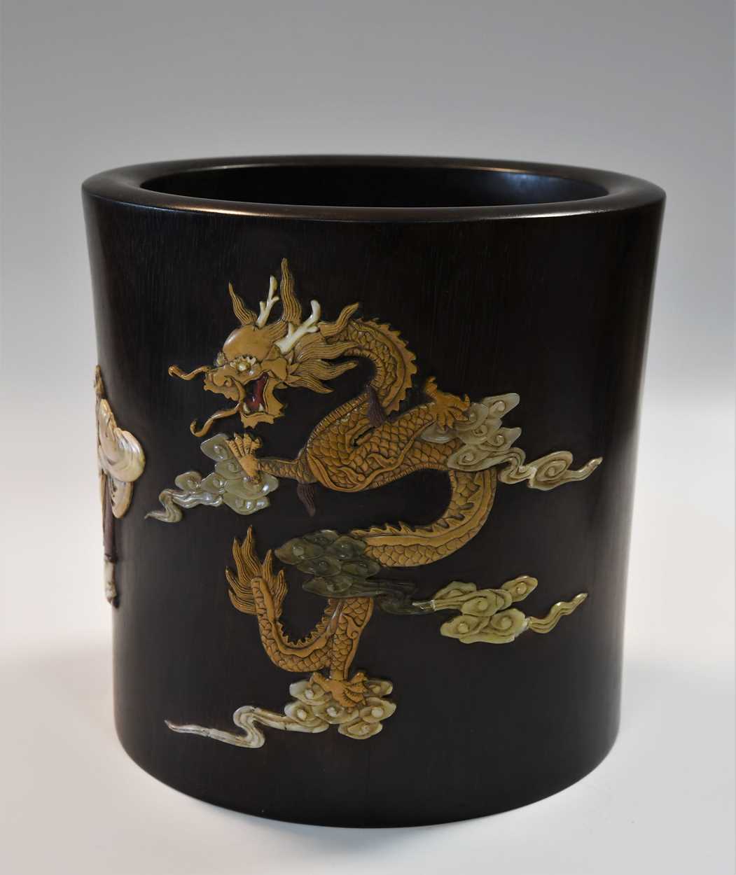 A Chinese zitan-type stone inlaid brush pot, in 17th century style, - Image 2 of 6