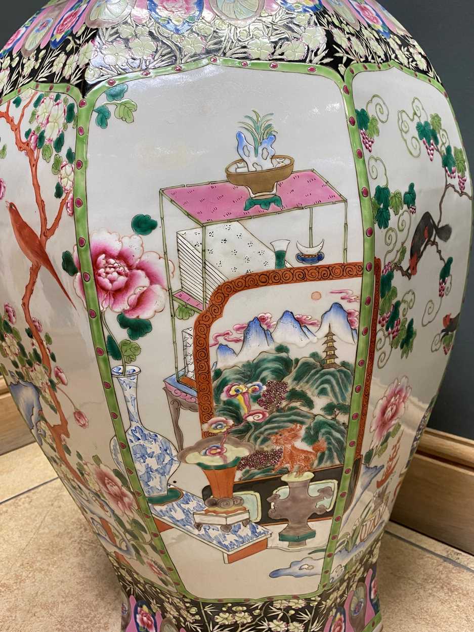 A large pair of Chinese porcelain famille rose octagonal vases and covers, - Image 9 of 26