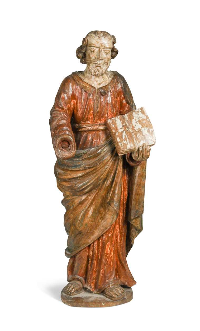 A Continental carved oak and polychrome painted figure of Saint Paul, probably 17th/18th century,