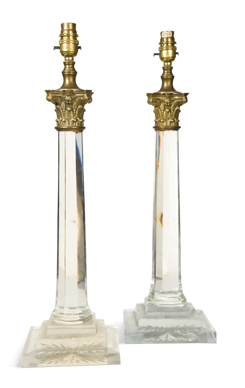 A pair of cut glass column table lamps, 20th century,