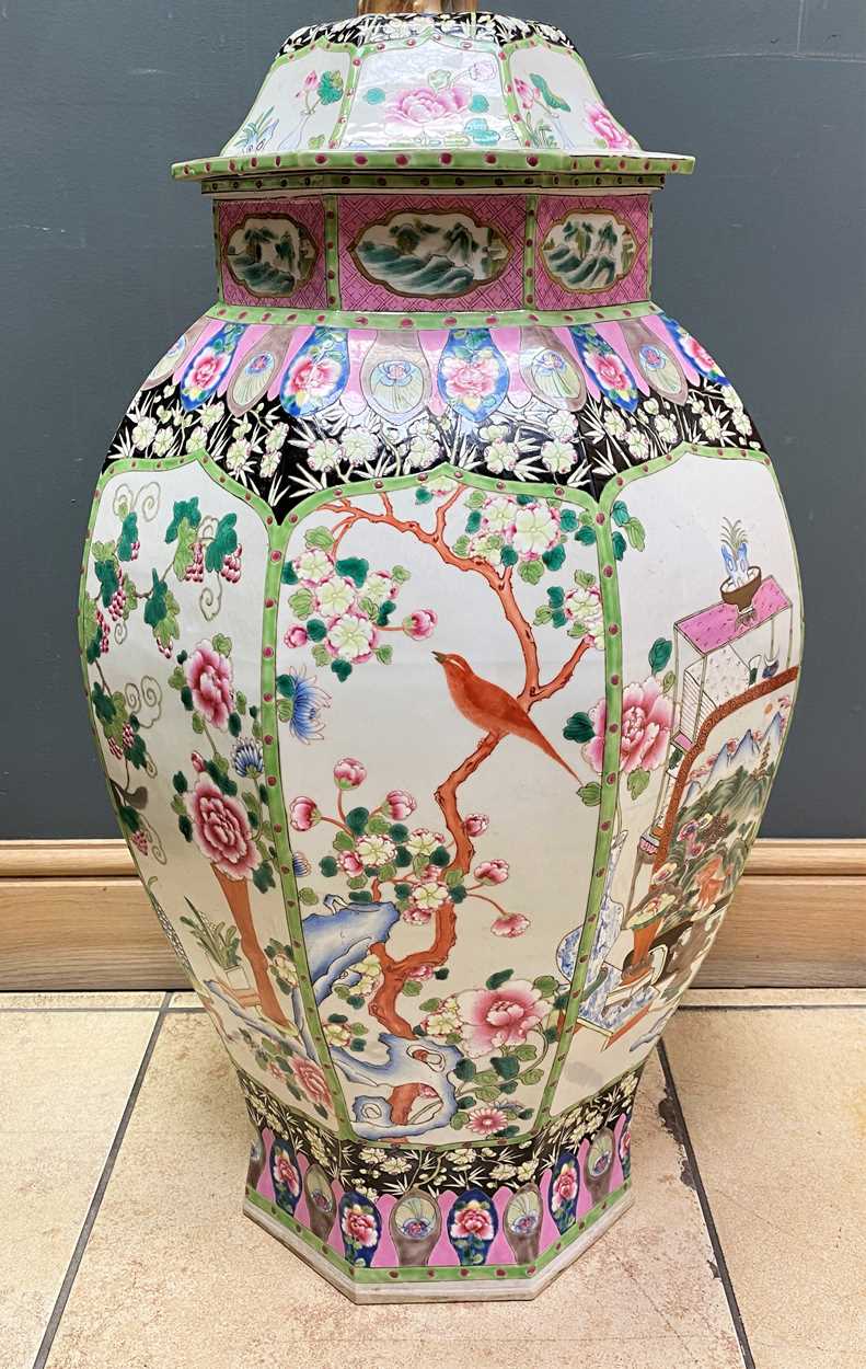 A large pair of Chinese porcelain famille rose octagonal vases and covers, - Image 12 of 26