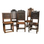 Five various oak chairs, 17th century and later,