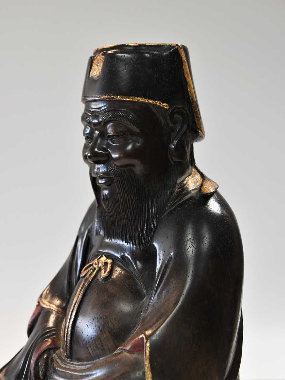 A Chinese carved zitan-type wood and parcel gilt seated figure of an official, 20th century, - Image 6 of 9