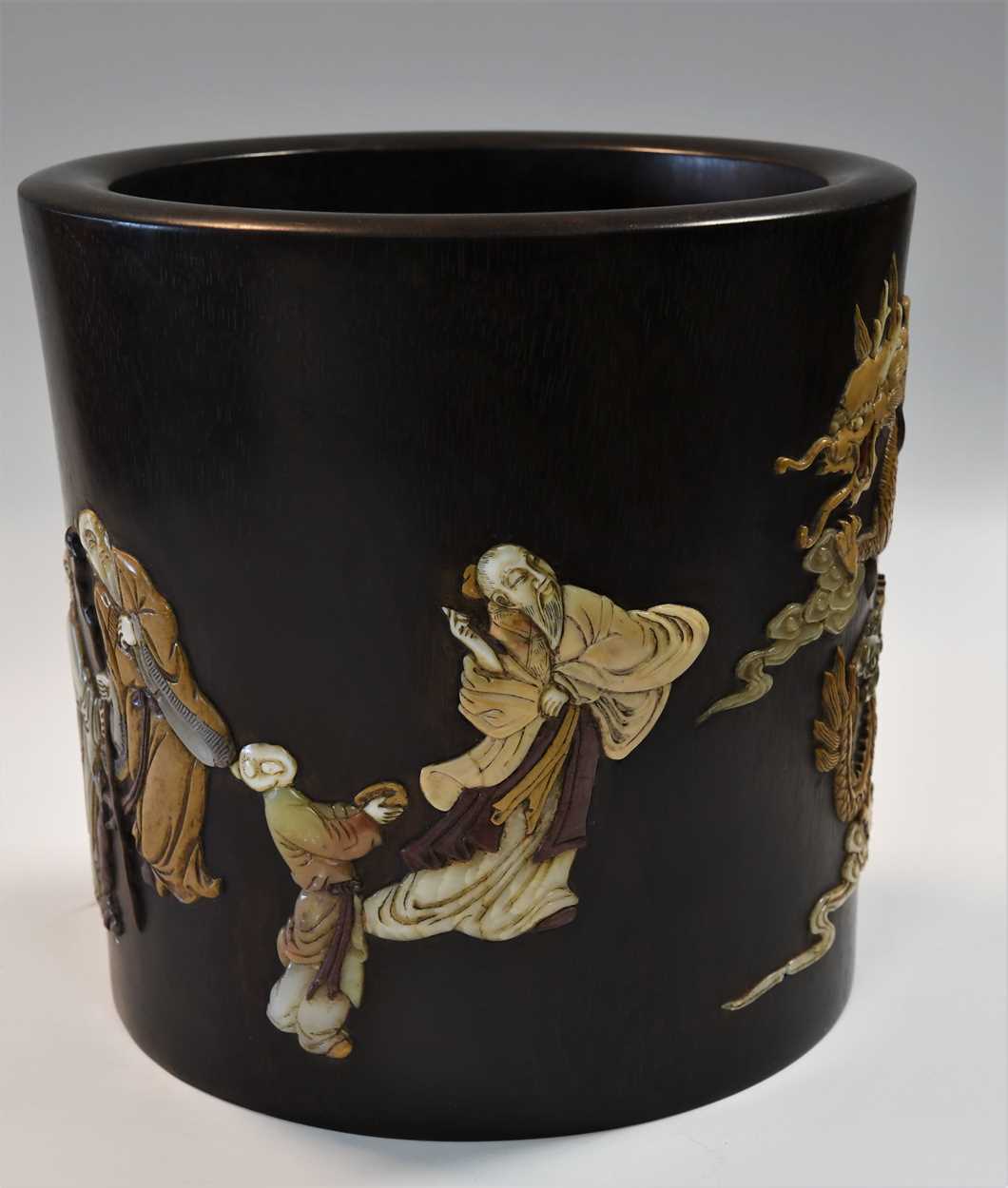 A Chinese zitan-type stone inlaid brush pot, in 17th century style, - Image 3 of 6