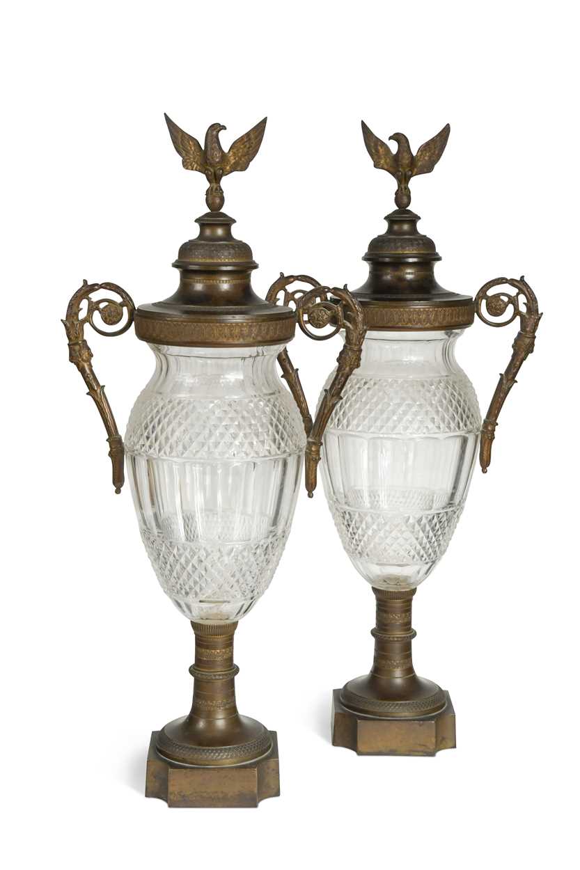 A pair of French cut glass and ormolu mounted pedestal vases and covers, 19th century,