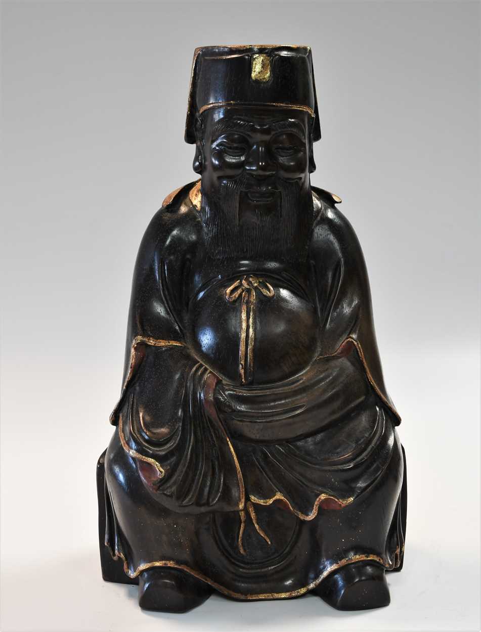 A Chinese carved zitan-type wood and parcel gilt seated figure of an official, 20th century, - Image 2 of 9