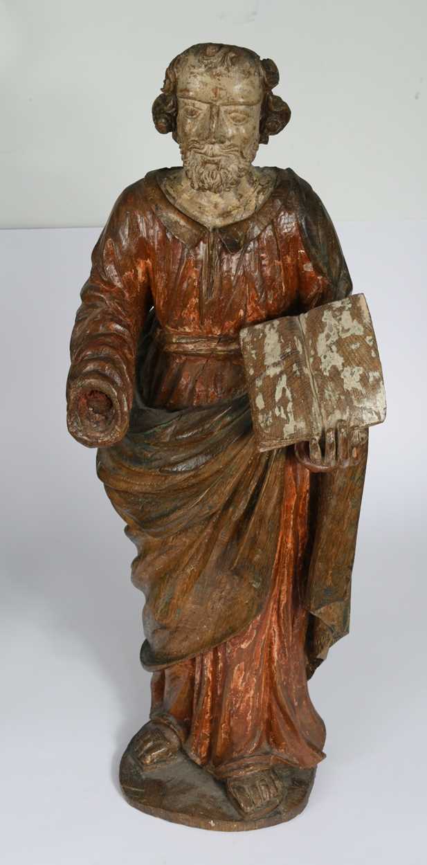 A Continental carved oak and polychrome painted figure of Saint Paul, probably 17th/18th century, - Image 5 of 7