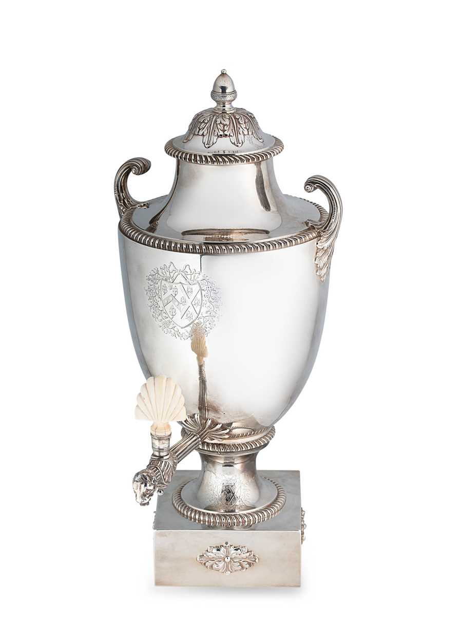 A George III 18th century silver hot water urn and cover,