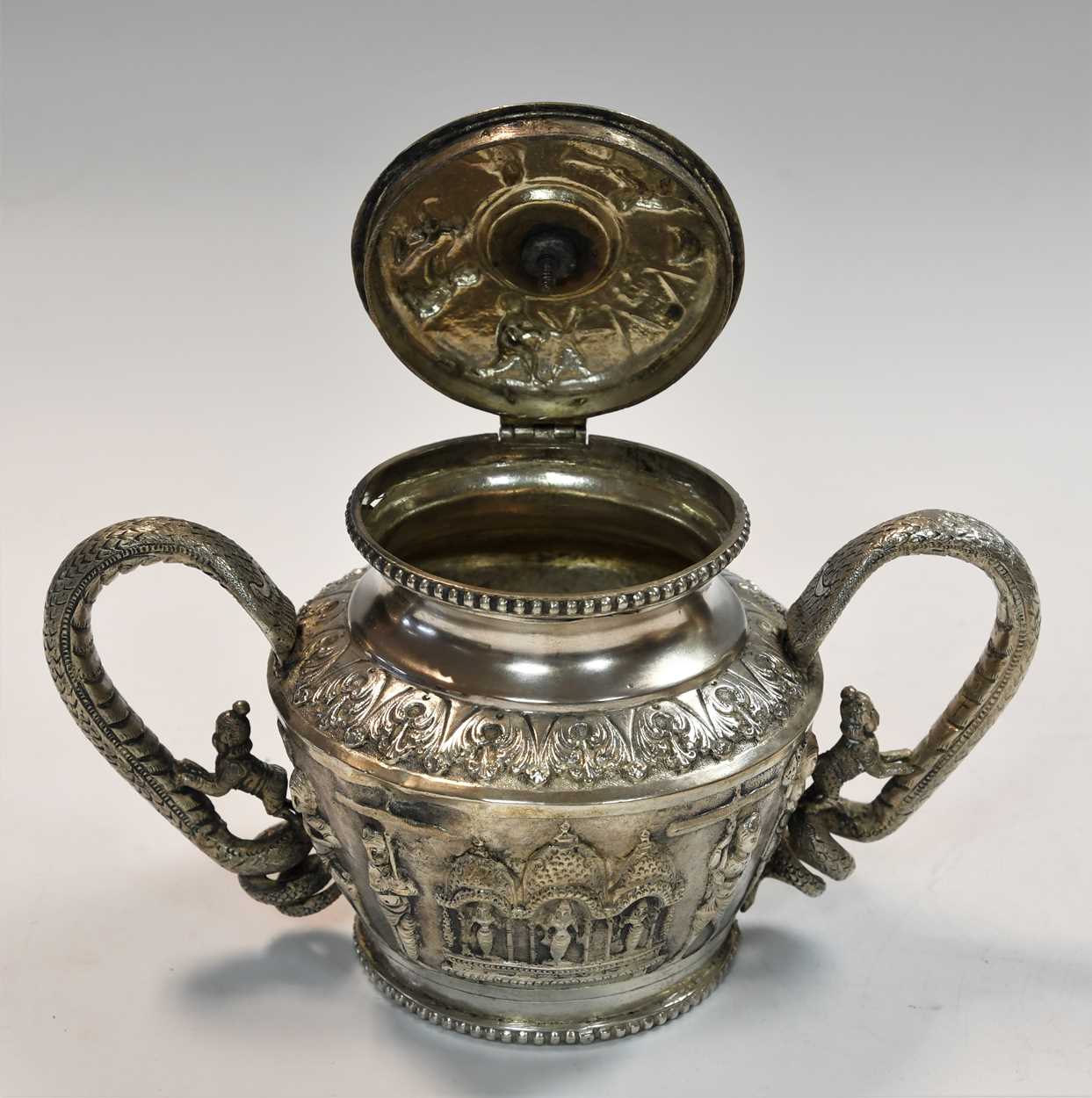 A 19th century Indian metalwares 3-piece 'Swami' style tea set, - Image 11 of 18