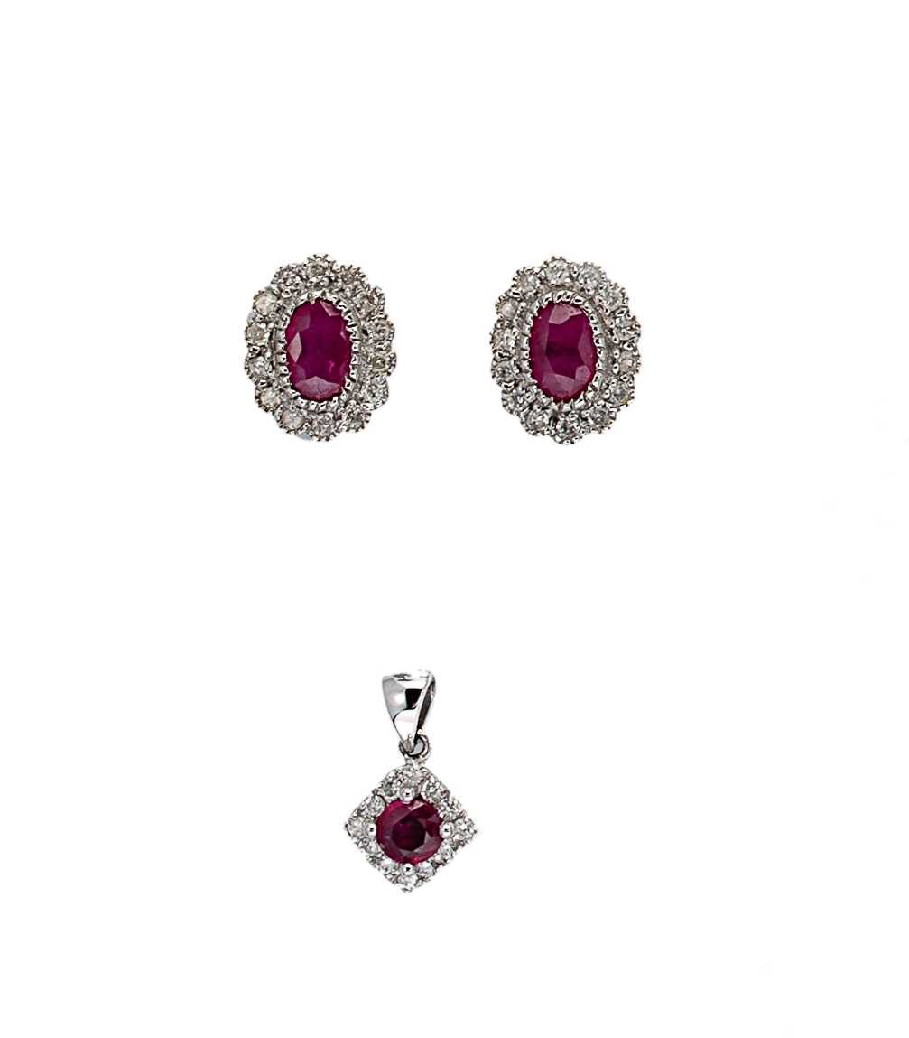 A ruby and diamond pendant, together with a pair of ear studs,