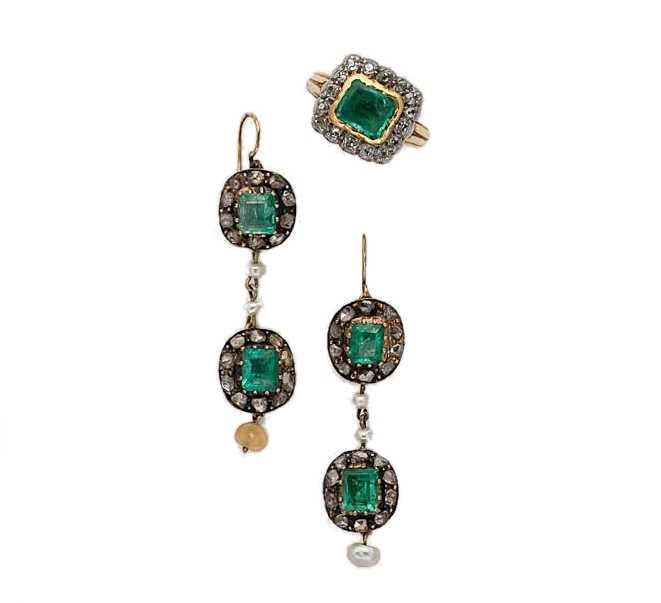 A pair of emerald and pearl ear pendants, together with an emerald and diamond ring,