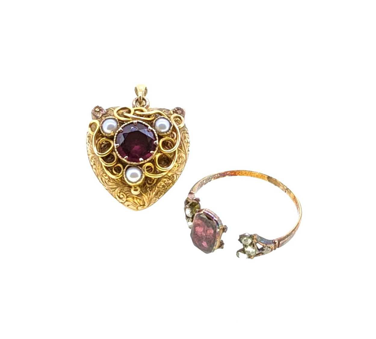 A 19th century foil backed garnet memorial heart pendant and ring, - Image 2 of 8