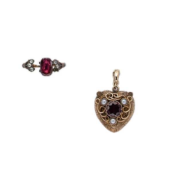 A 19th century foil backed garnet memorial heart pendant and ring,