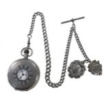 Syren, Geneve - A George V Sterling silver half hunter pocket watch and chain with 2 fob medals,