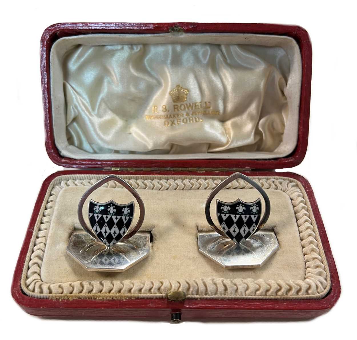 A cased pair of early 20th century silver and enamel menu/place card holders, - Image 2 of 9