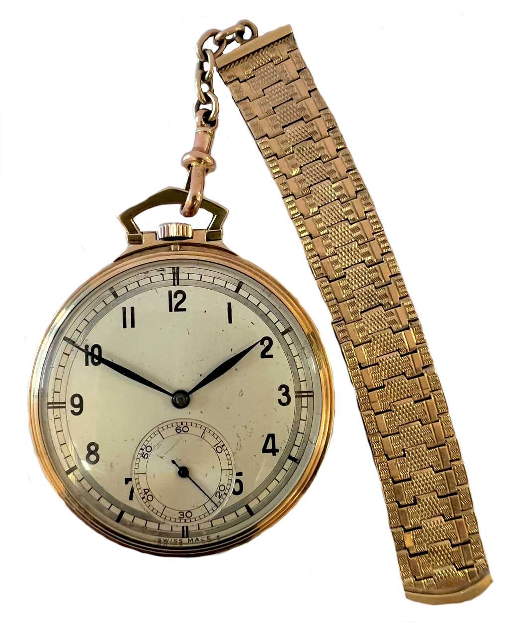 Unsigned - A 9ct gold open faced dress pocket watch with decorative fob,