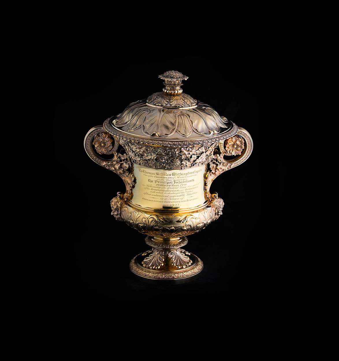 A large and important George III silver gilt two handled presentation cup and cover, - Image 2 of 10