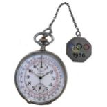 Longines - A Swiss silver open faced chronograph pocket watch along with a key ring,