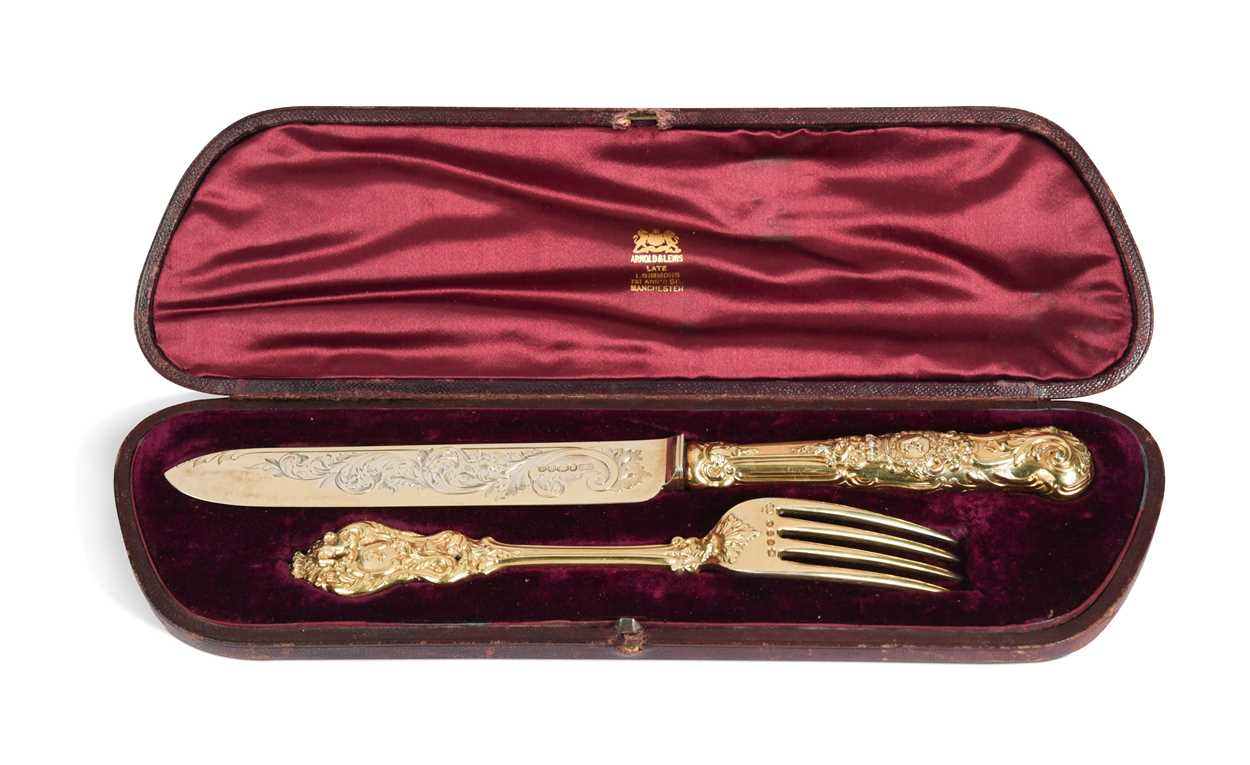 A Victorian silver gilt cased presentation fork and knife, a possible gift to Prince Albert,