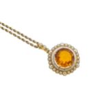 A citrine, pearl and enamel pendant and chain,