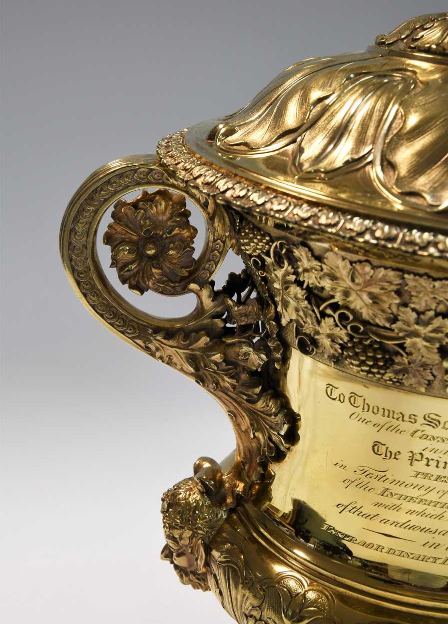 A large and important George III silver gilt two handled presentation cup and cover, - Image 7 of 10