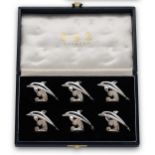 A cased set of six 20th century silver novelty menu/place card holders, mark of Garrard & Co.,