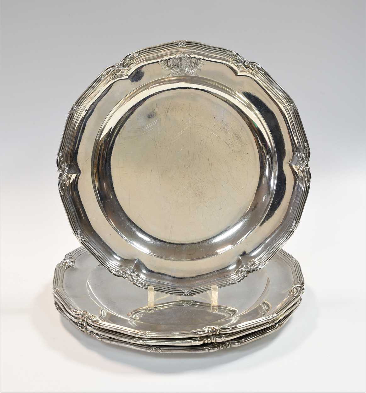 A set of four George III 18th century silver dinner plates, - Image 3 of 7