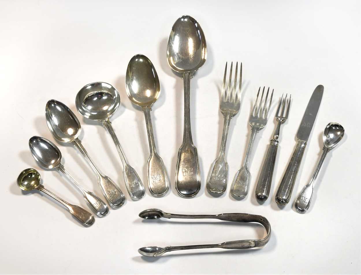 A 53-piece set of Victorian silver flatware with 34 additions,