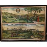 Braun & Hogenberg Oxford and Windsor panoramic views, late 16th century engraving with hand