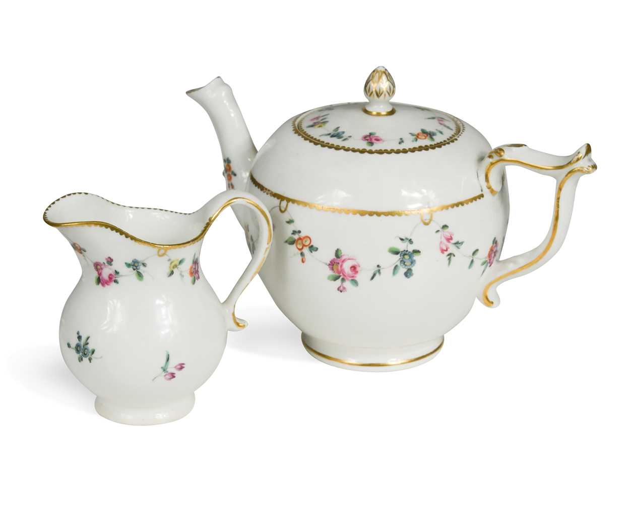 A Chelsea-Derby cabaret teapot, cover and cream jug, circa 1775,