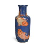 A Chinese powder blue, rouge-de-fer rouleau fish vase, Qing Dynasty, 19th century,