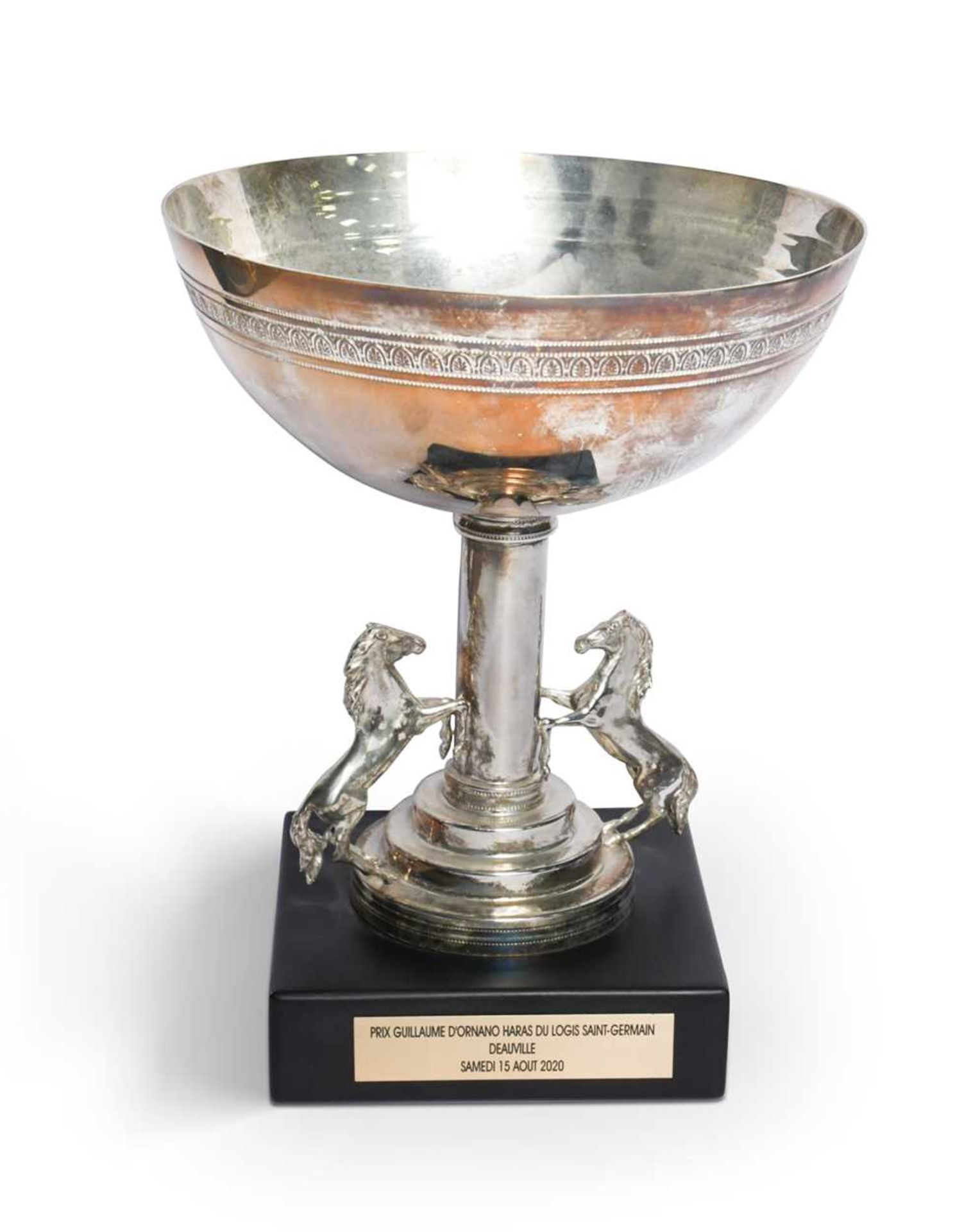 A Prix Guillaume D'Ornano Haras du Logis Saint-Germain trophy, awarded to Frankie Dettori,