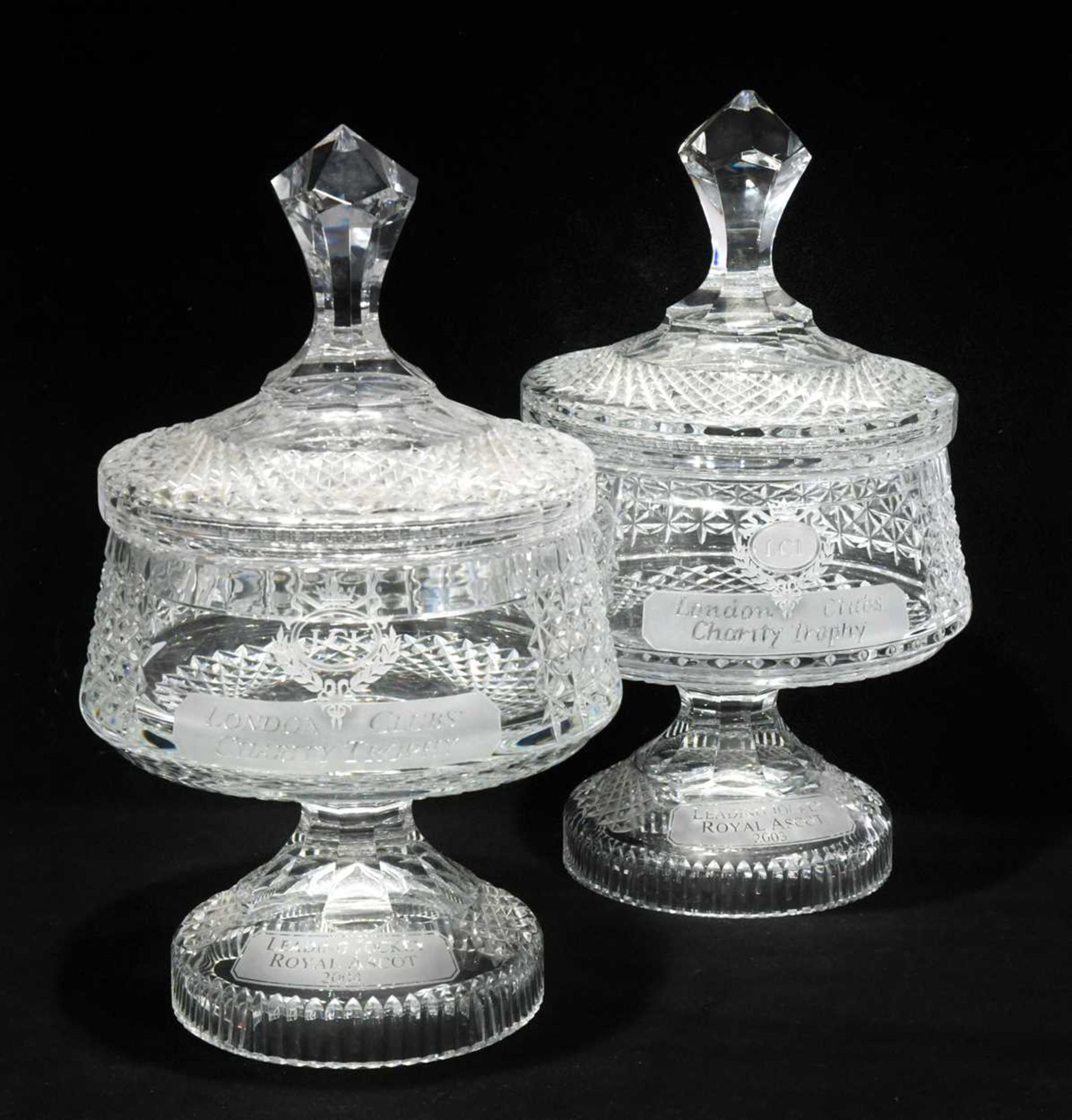 A pair of LCI London Clubs' Charity, Newmarket, cut glass trophies, awarded to Frankie Dettori,