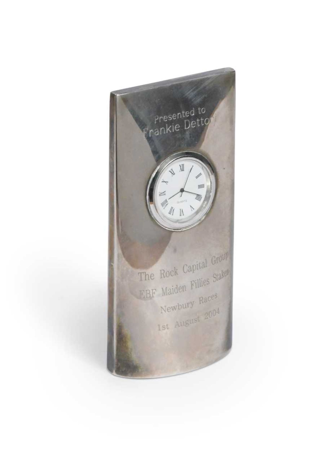 A Quartz EBF Maiden Fillies Stakes desk clock, awarded to Frankie Dettori,