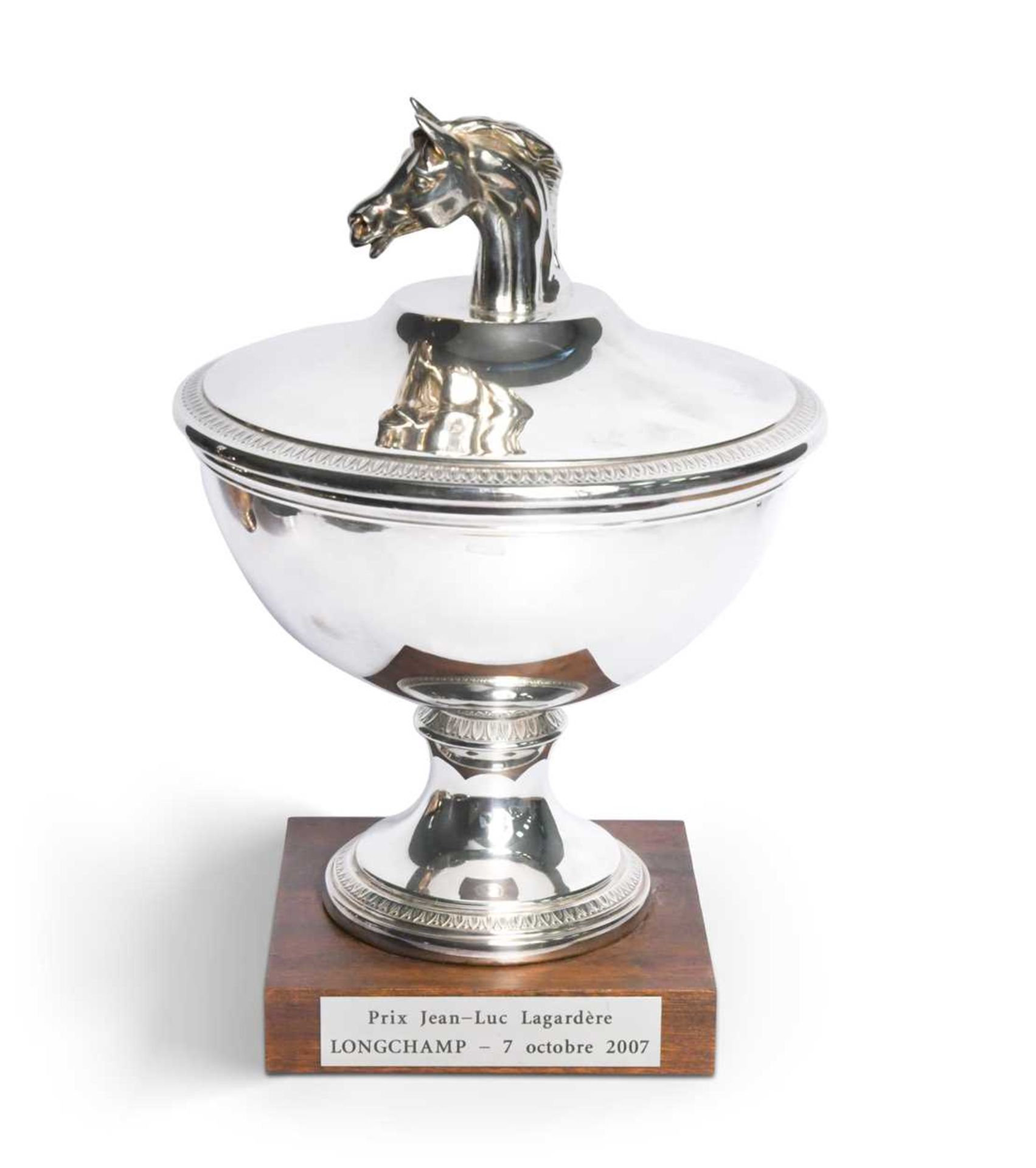 A Prix Jean-Luc Lagardère Longchamp trophy cup and cover, awarded to Frankie Dettori,