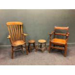 A late Victorian ash and elm grandfather lath back armchair, an oak bar back open armchair with wide