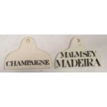 Two 18th/early 19th century ceramic wine bin labels, coat hanger shaped and pierced with holes for