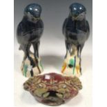 Two earthenware blue glazed birds, approx 32cm high and a crab (3)