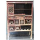 A Chinese hardwood game larder with open fret work, 182 x 120 x 58cm
