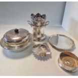 A silver waiter, butter dish and bottle coaster, along with a silver plated muffineer and syphon